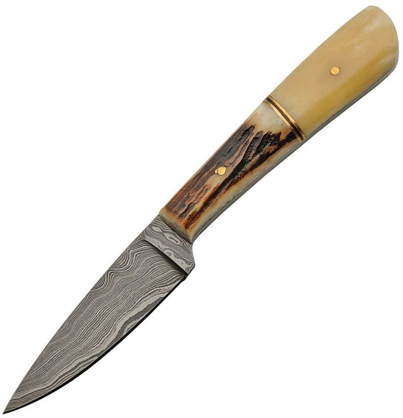 Damascus Fixed Knife 3" Damascus Steel Full Tang Blade Bone/Stag Handle 1174