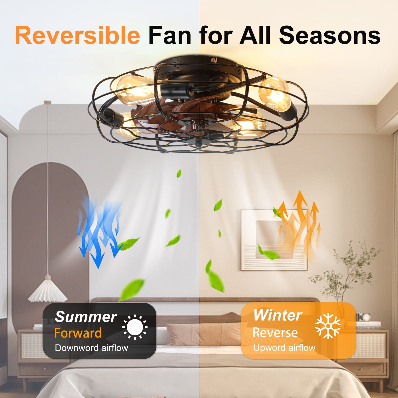 19.7" Industrial Caged Ceiling Fan with Light, 6-Speed, Remote, Timer