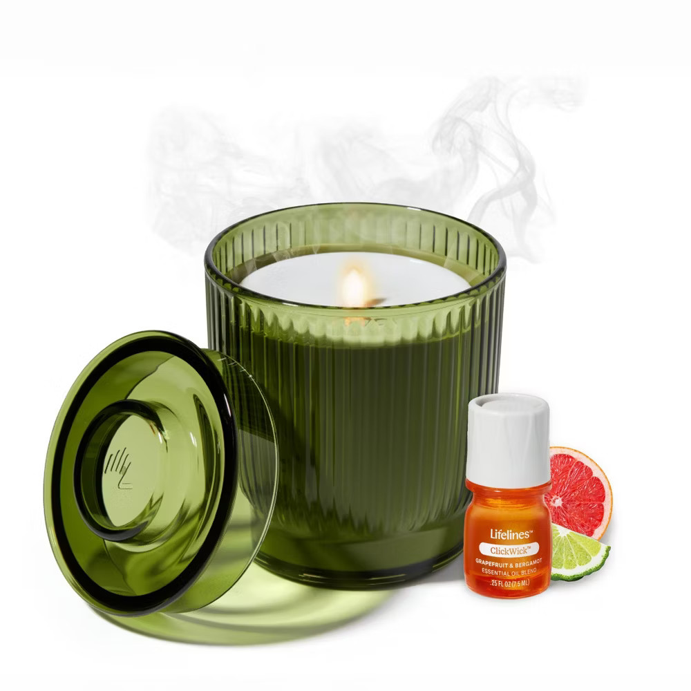 Lifelines Flameless Candle Diffuser Oil Aromatherapy - Ribbed Olive Green Glass