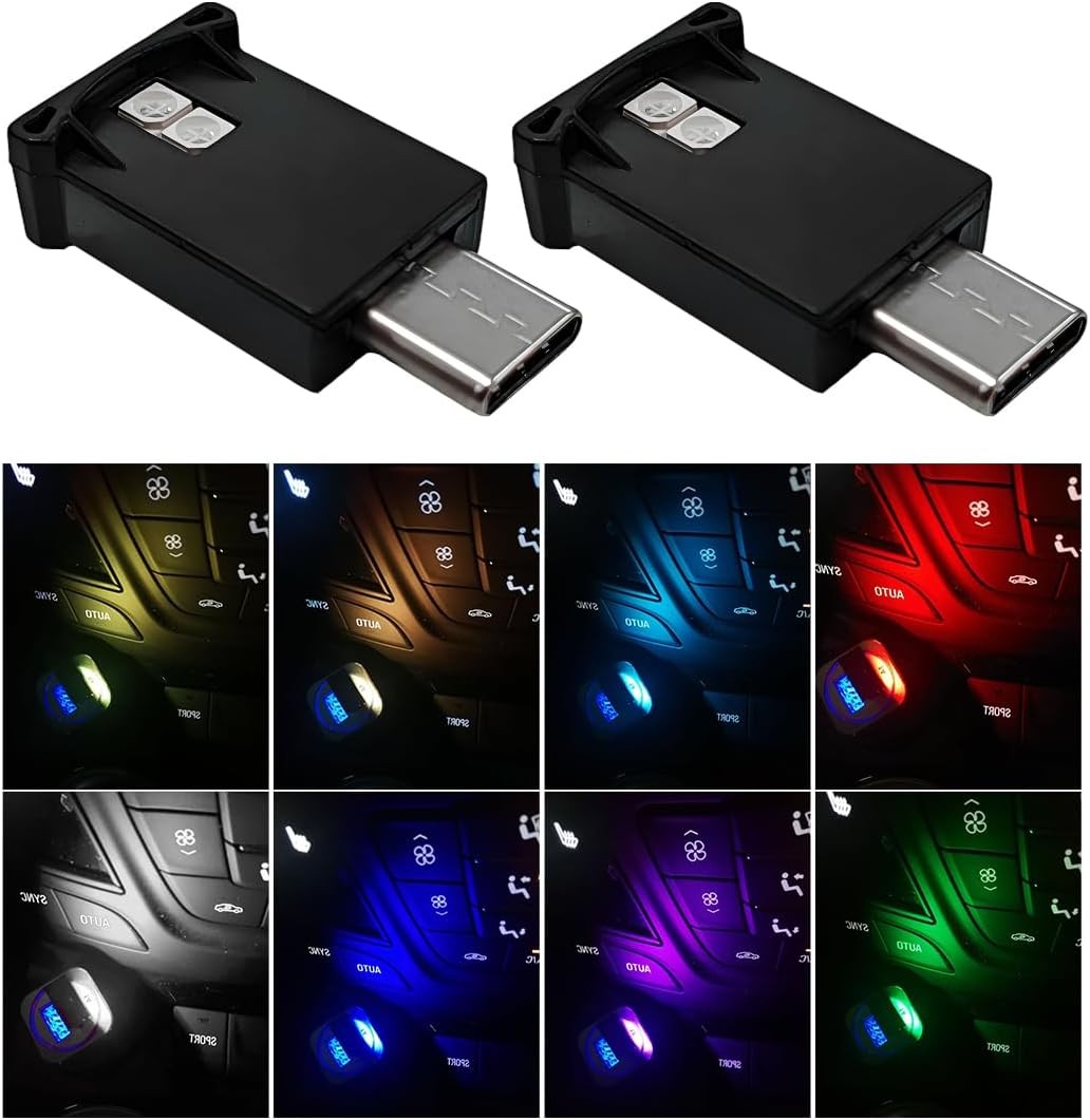 2PCS USB Type C LED Ambient Light, 8 Colors RGB Car Atmosphere Lamp with...