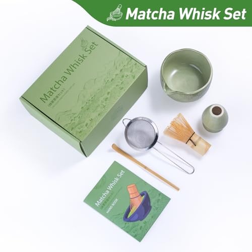 Matcha Whisk Set,5 Pcs Matcha Kit includes 18OZ Ceramic Bowl with Spout,Bamboo