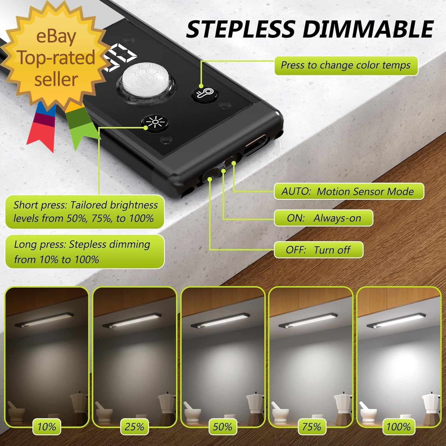 4 Pack 10 under Cabinet Lights with Digital Display 52 LED Rechargeable Motion