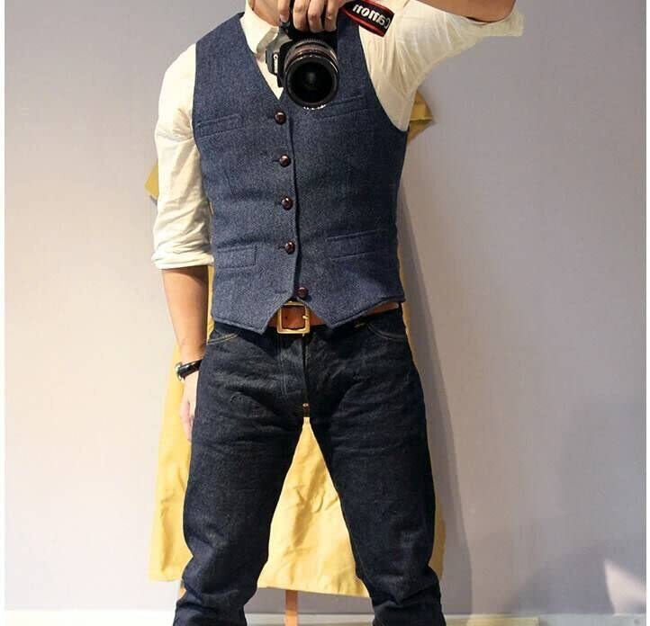 Mens Tweed Vest Retro Western Cowboy Groom Herringbone Formal Dress Waistcoat