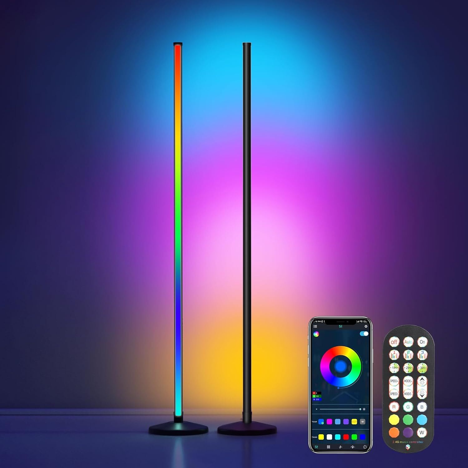 2× 47" Smart LED Floor Lamp RGB Remote & APP Control Music Sync Corner Lighting