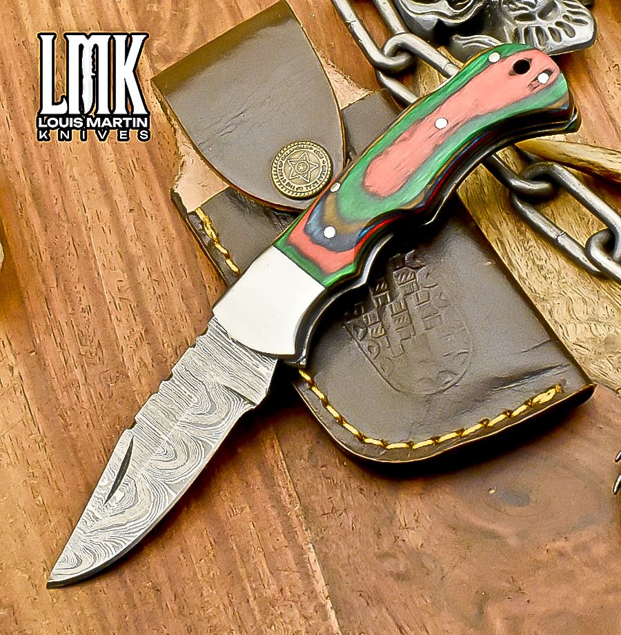 LMK Hand Crafted Twist Damascus Folding Knife Hard Wood Back Lock Hunter
