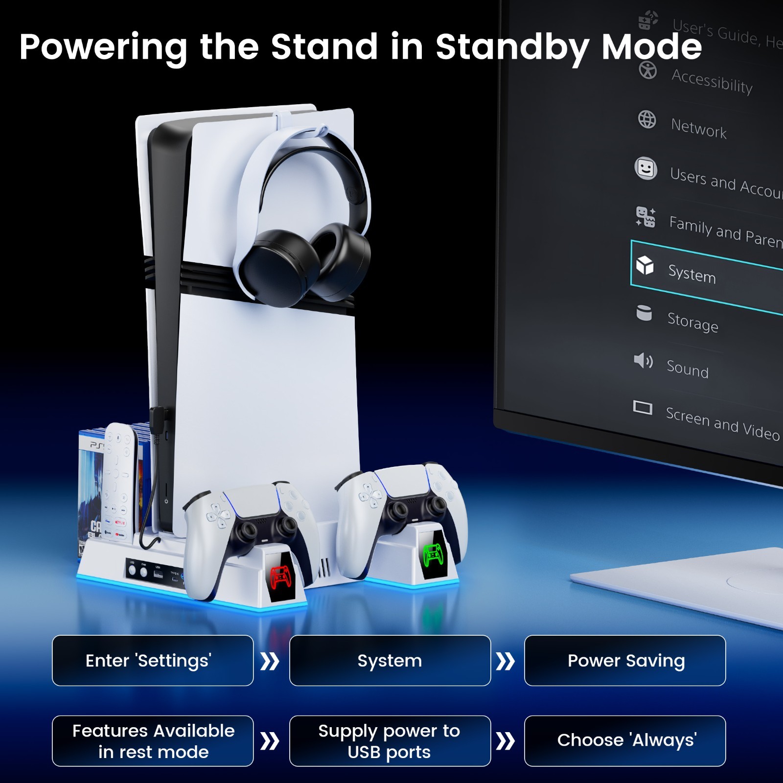 Vertical Cooling Stand for PS5/PS5 Pro/PS5 Slim,Dual Controller Charging Dock
