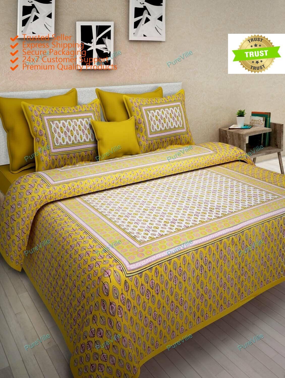 Geometric Printed Home Decor Cotton Double Bed Sheet With 2 Pillow Cover 90x108