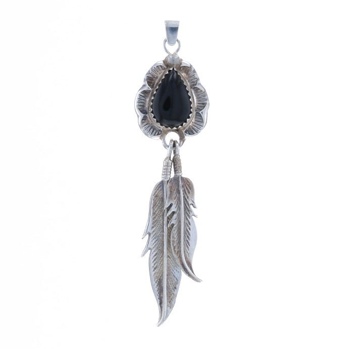 Native American Onyx Solitaire Pendant Sterling 925 Pear Cab Feathers Converted