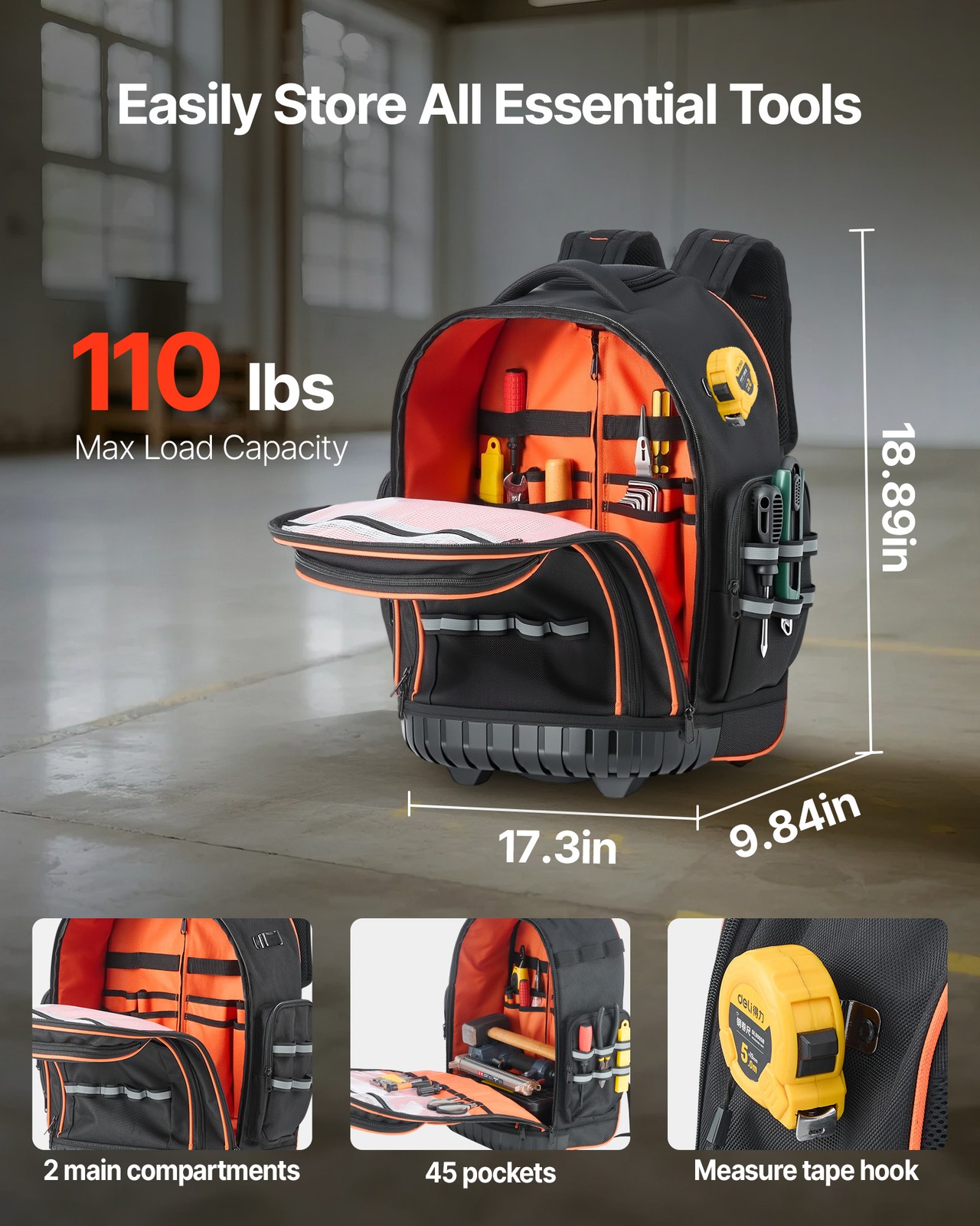VEVOR Rolling Tool Backpack 45 Pockets Heavy Duty Roller Tool Bag on Wheels