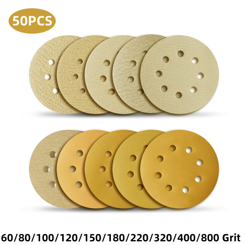50PCS 5 Inch 8 Hole Hook Loop Sanding Discs 60-800 Grit Orbital Sandpaper Discs
