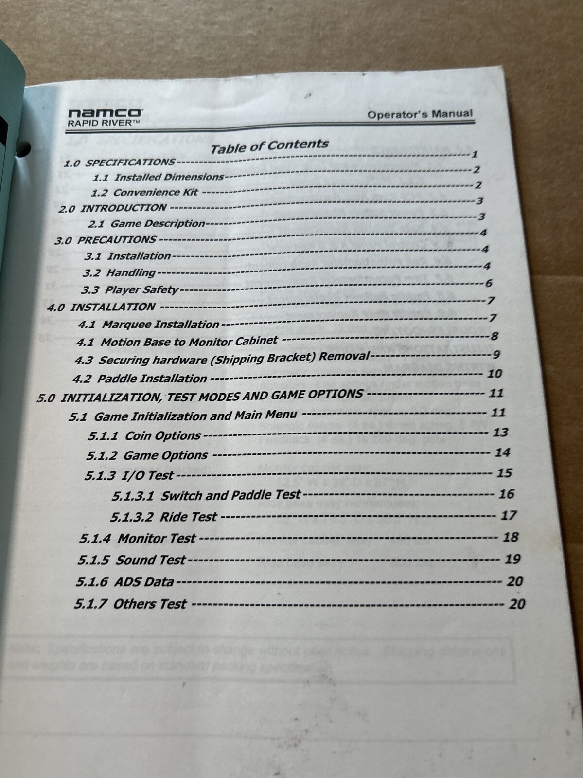 Original Rapid River Namco arcade Video game manual