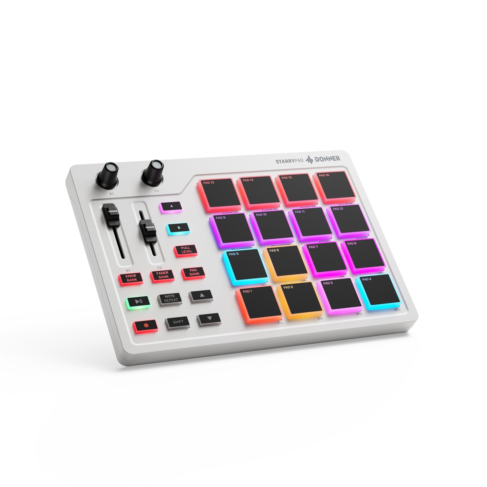 Donner STARRYPAD White MIDI Pad Controller 16 Beat Pads 2 Faders 2 Knobs USB