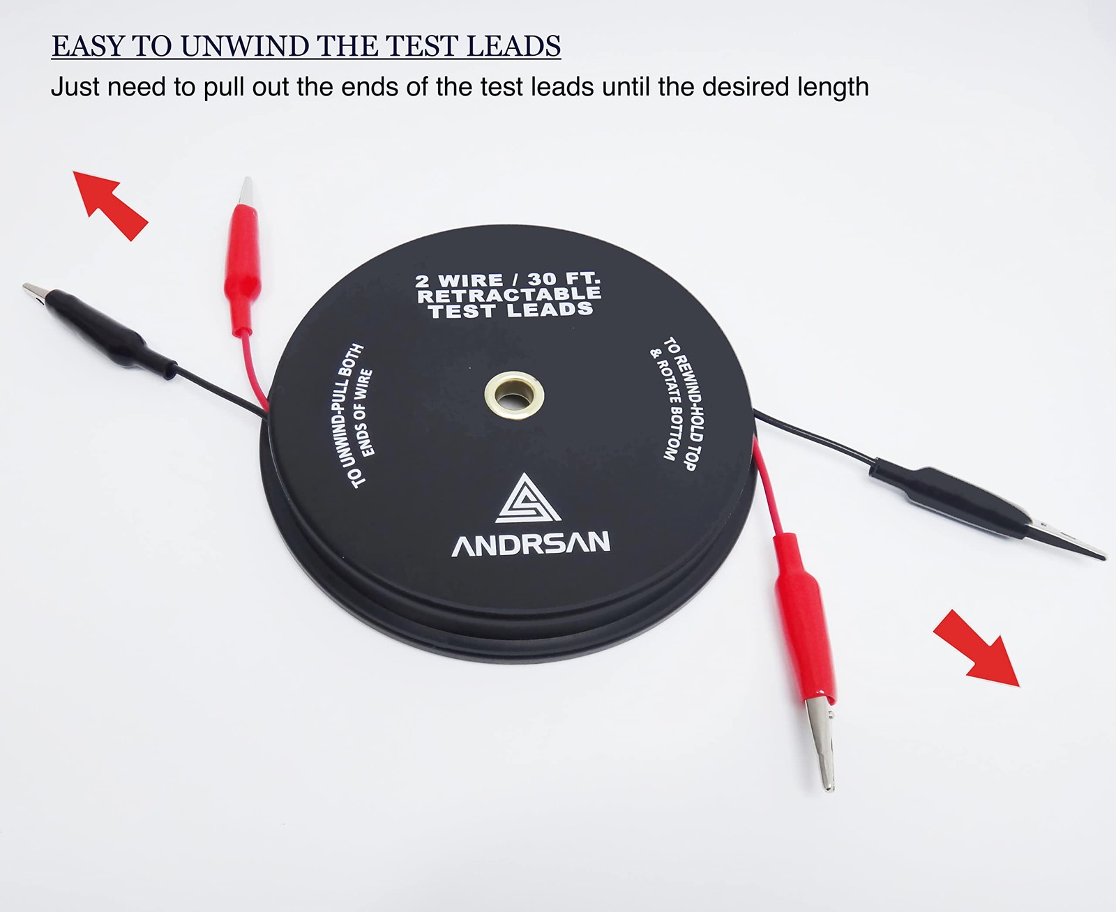 2 Wire 30â€™ Retractable Test Leads with 2â€ Alligator Clips, 18 Gauge Elect...