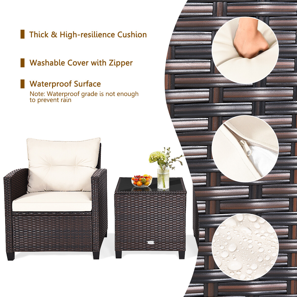Patiojoy 3PCS Wicker Cushioned Conversation Set Outdoor Rattan Furniture W/ Off