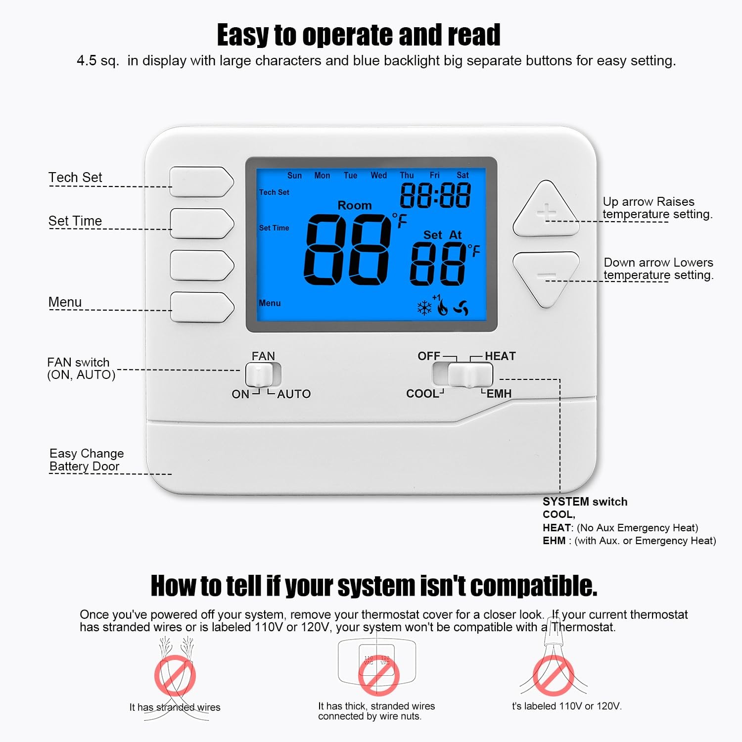 Suuwer Non-Programmable Heat Pump Thermostat for Off-white ( Blue Backlight )