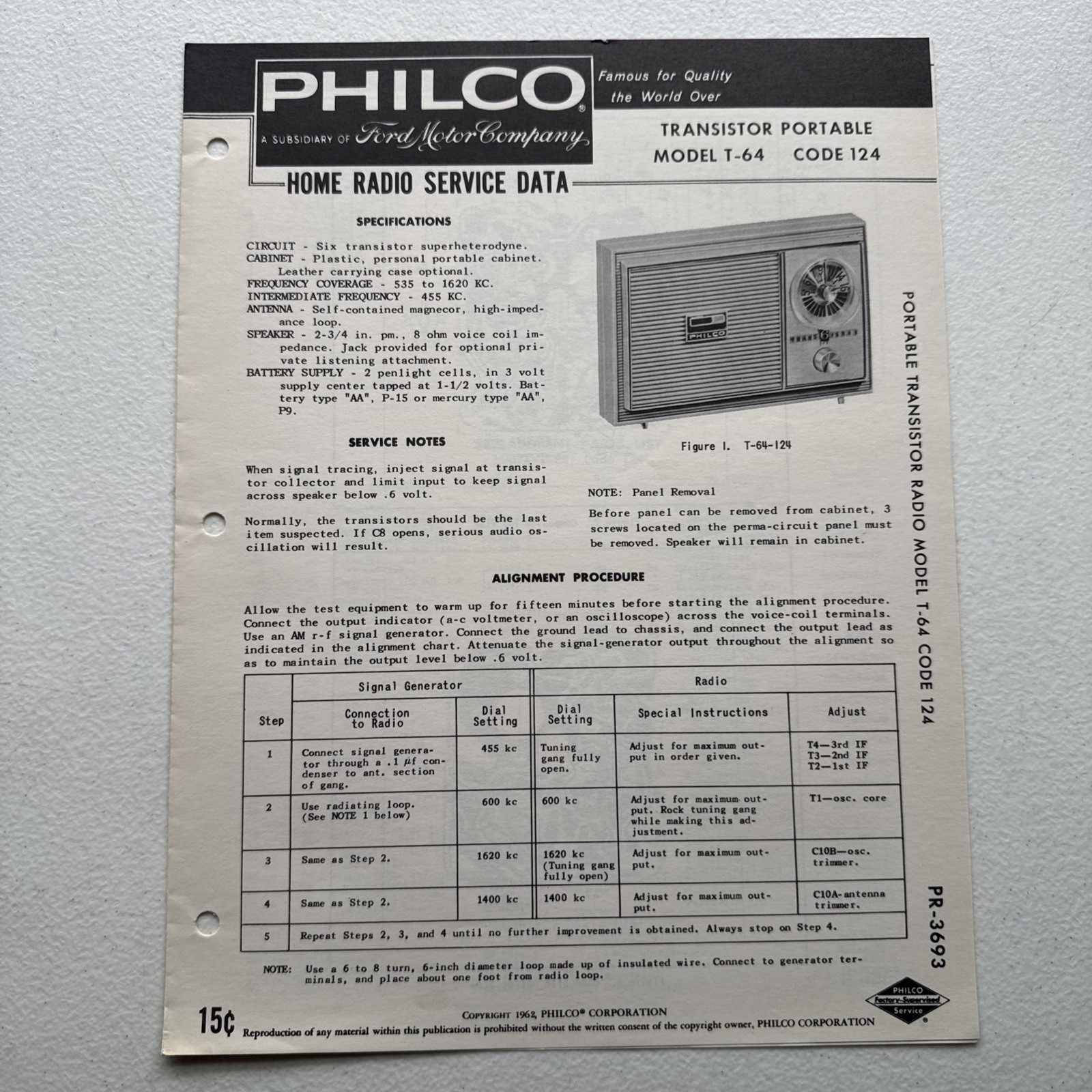 1962 Philco Transistor Portable Model T-64 Code 124 Service Data Manual