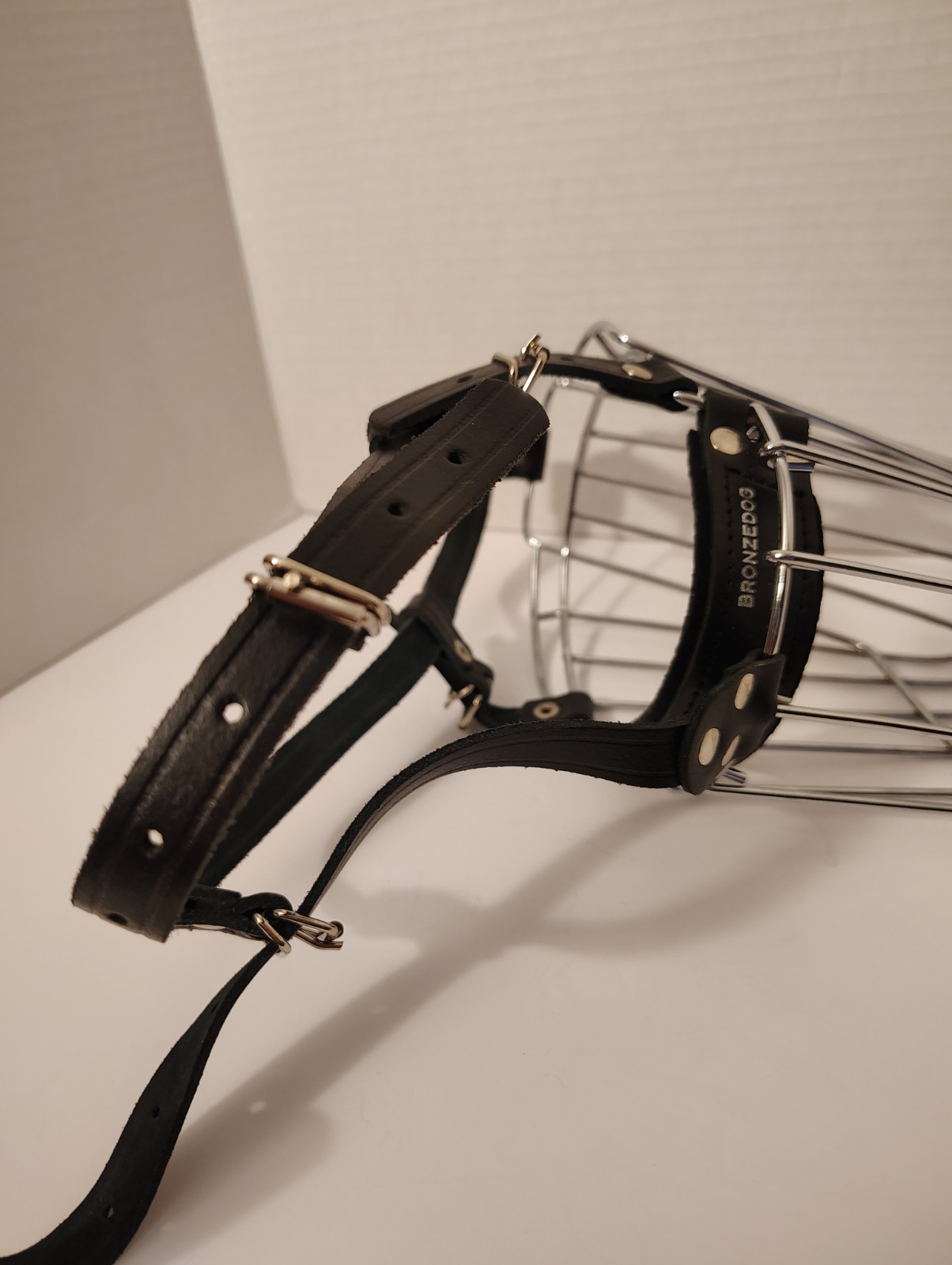 Bronzdog Muzzle Metal Mask With Adjustable Leather Straps Durable (Large Dog)EUC