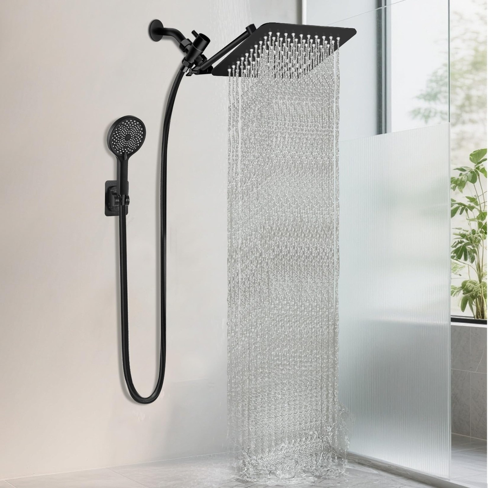 12 Inch Shower Head with Adjustable Extension Arm Matte Black Rina Rain Handheld