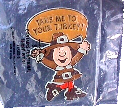 Hallmark PIN Thanksgiving Vintage PILGRIM TAKE ME TO YOUR TURKEY '82 Brooch MIP