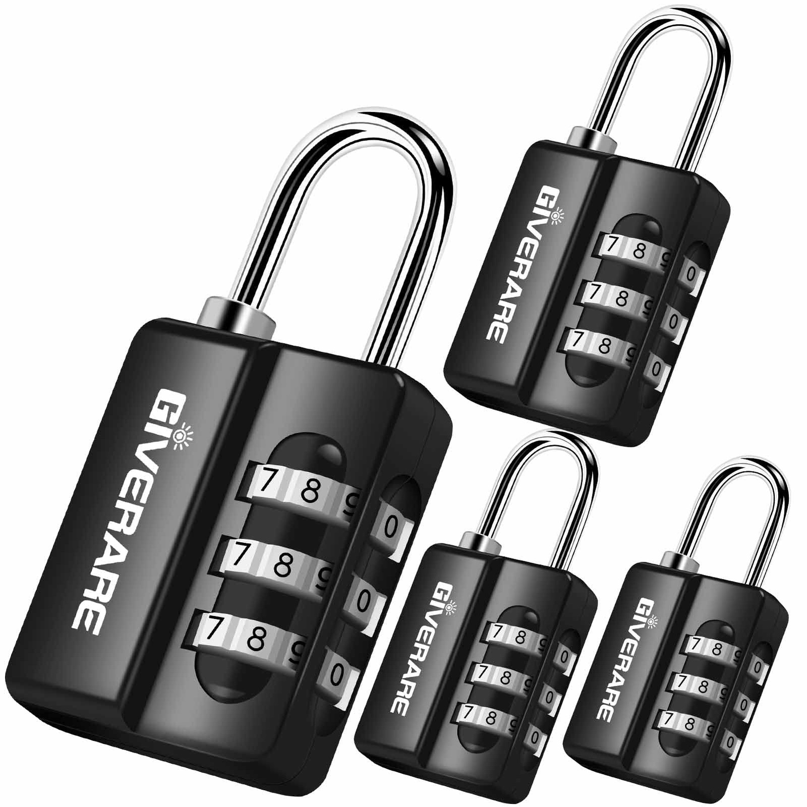 GIVERARE 4 Pack Combination Lock, 3-Digit Padlock Keyless, Small, Black