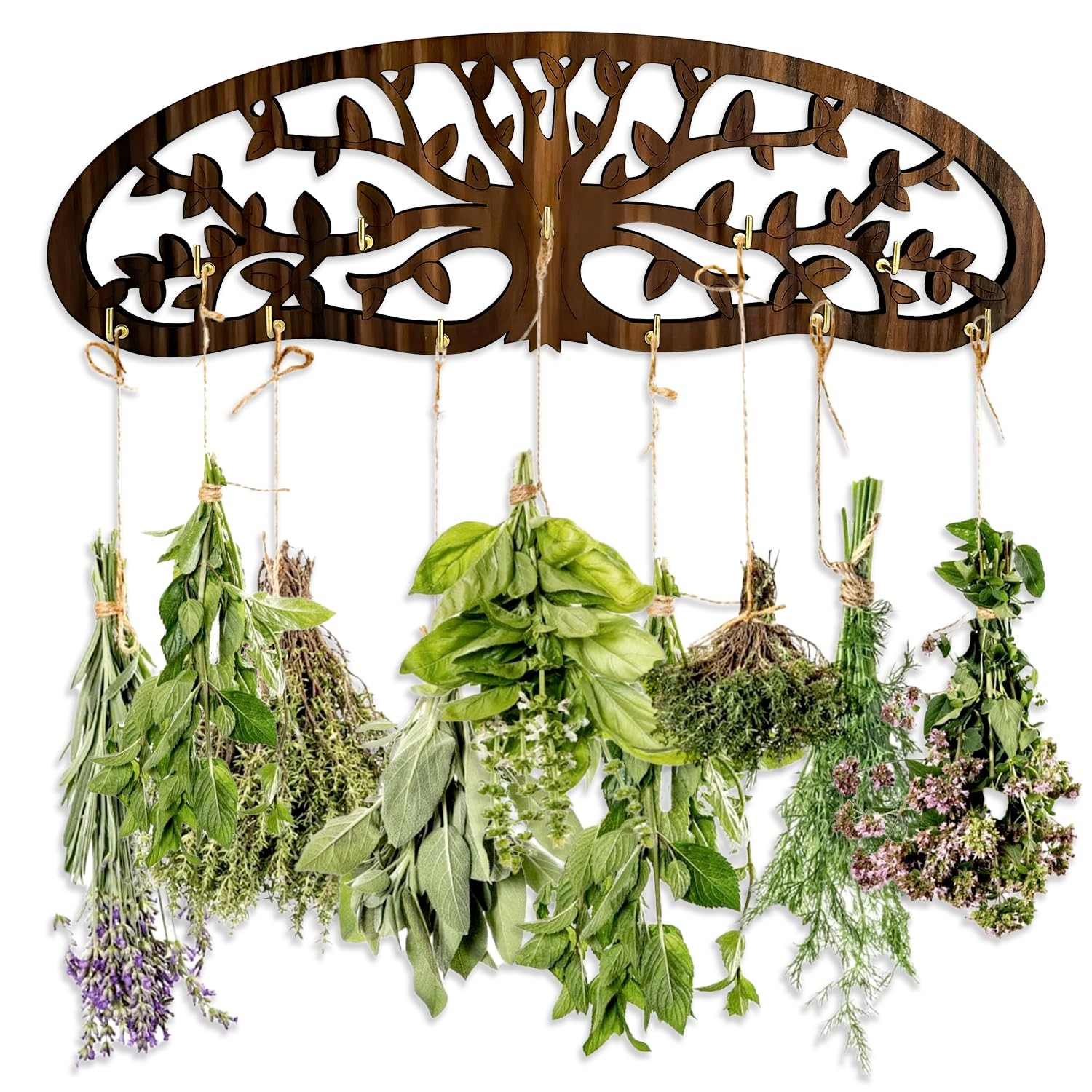 Dark Brown Wall Mounted Wood Herb Drying Rack Tree Design 11 Bouquet Dryer