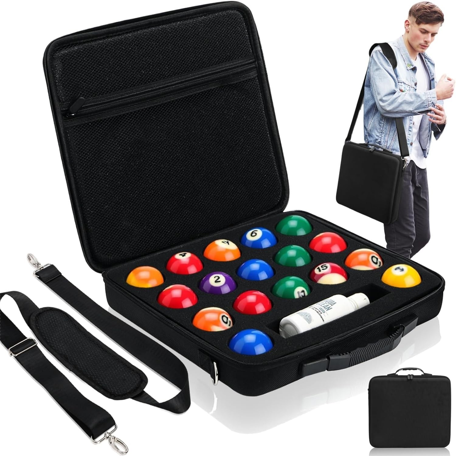 Pool Ball Carrying Case Billiard Balls Storage Bag with Handle & Adjustable