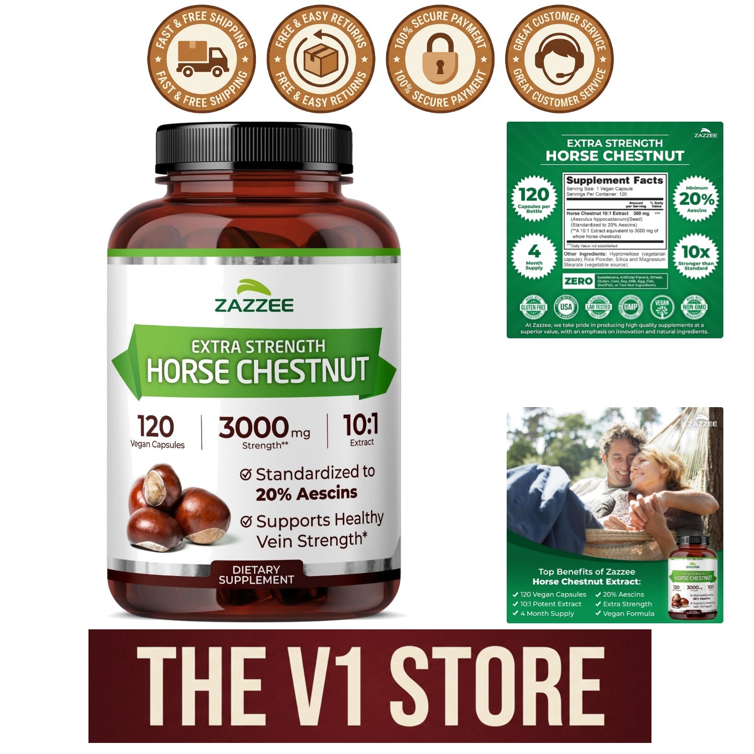Extra Strength Horse Chestnut Extract 10:1 – 120  Capsules for Vein Health
