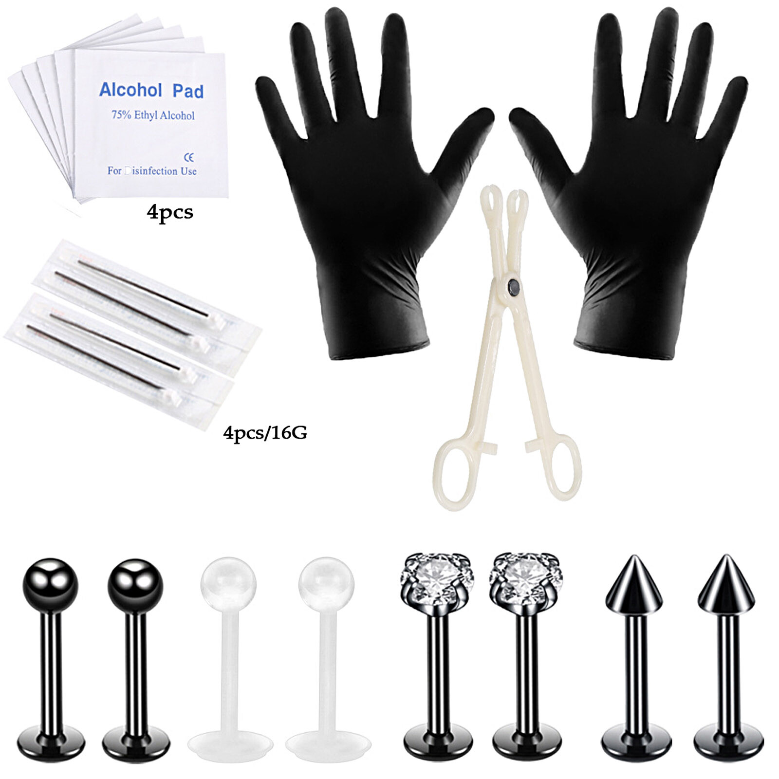 19PCS Professional Body Piercing Tool Kit Ear Labret Lip Studs Needles Set 16G