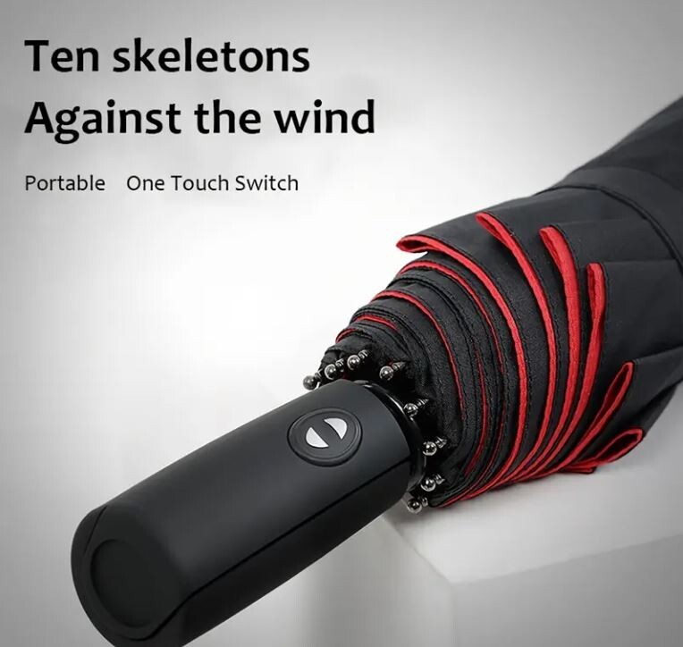 Black/Red Automatic Umbrella Anti-UV Sun Rain Windproof 3-Folding Compact