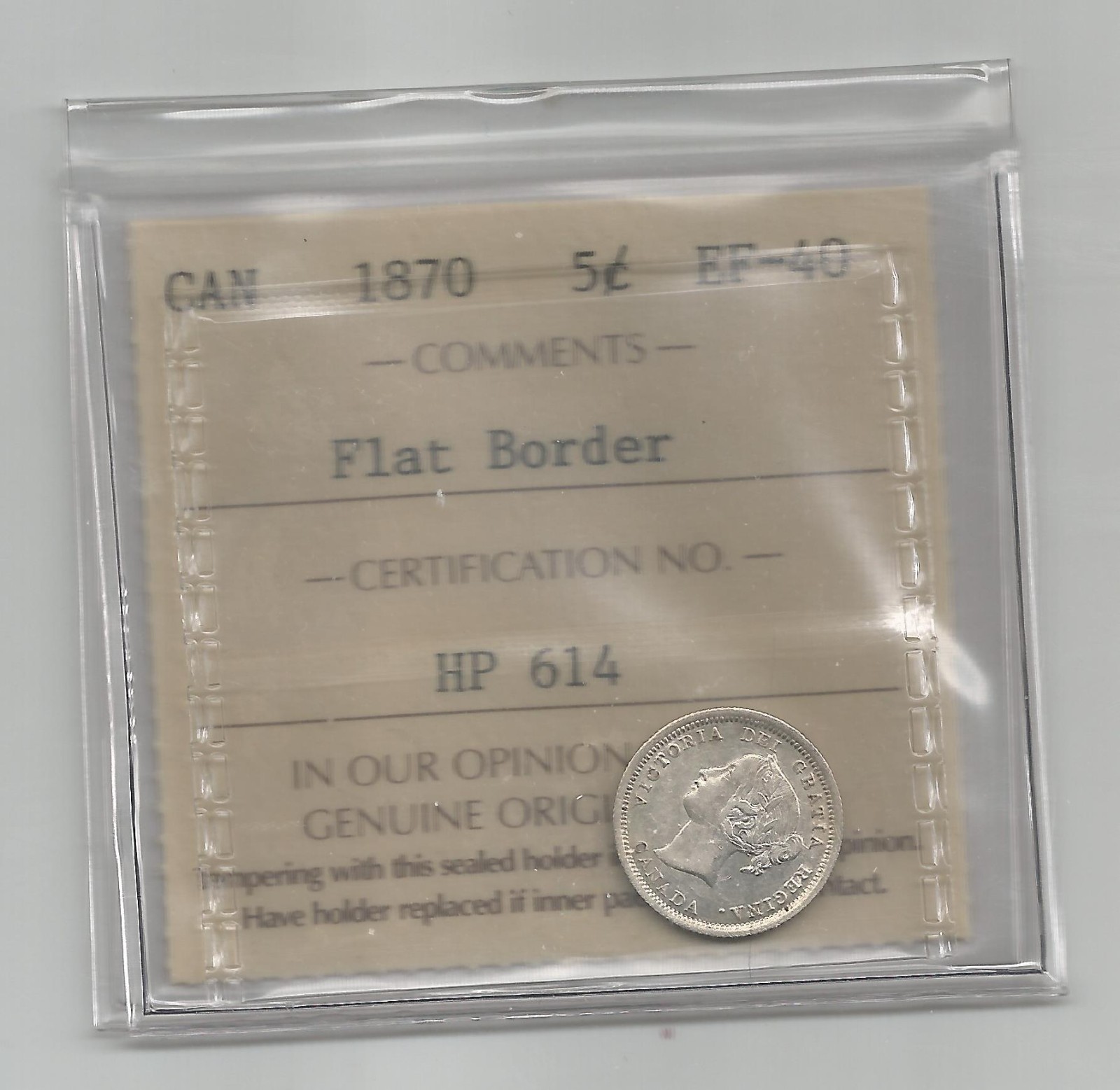 **1870** " Flat Border" Canadian 5 Cents - ICCS EF-40