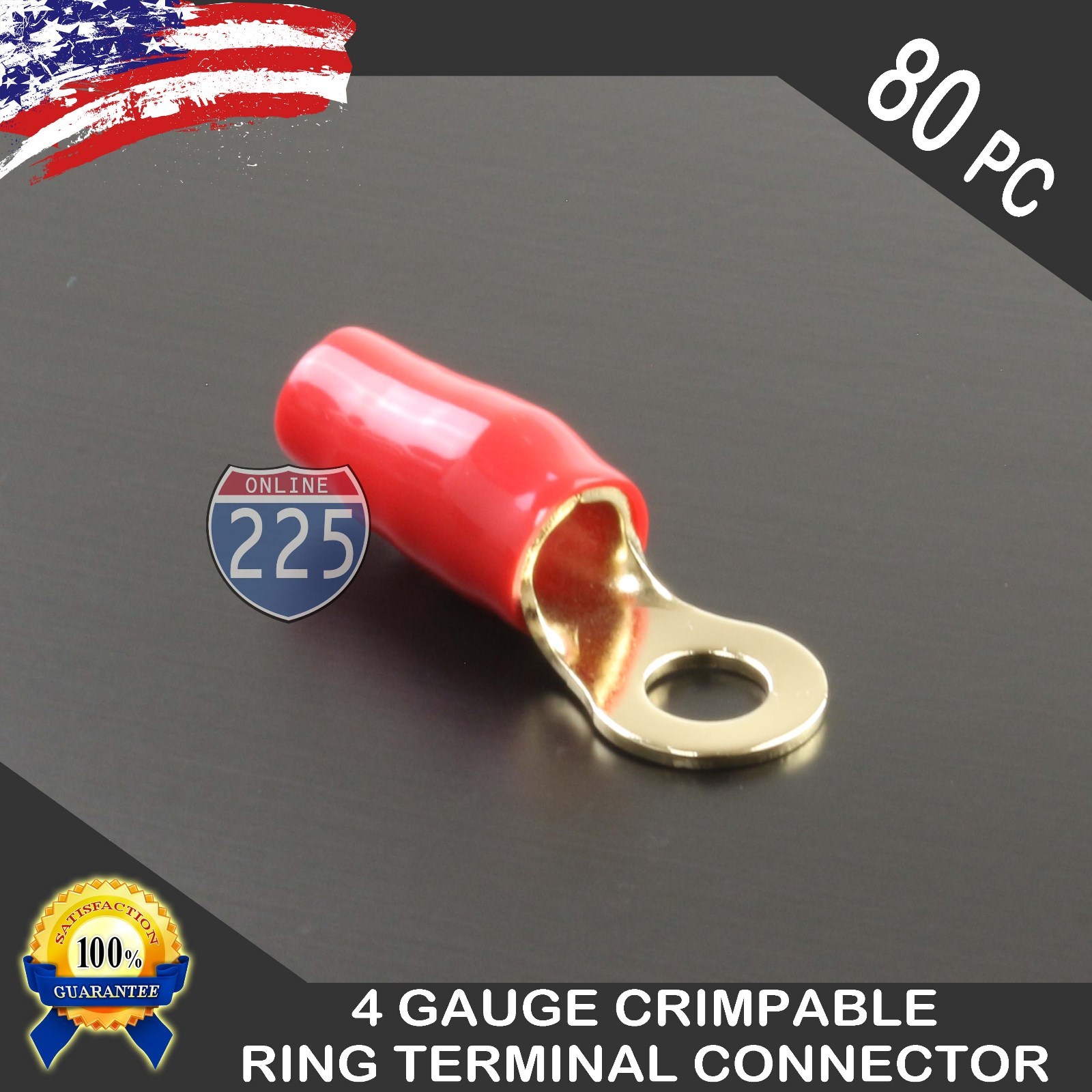 4 Gauge GOLD Ring Terminal AWG Wire Crimp Cable Red Boot 5/16'' Stud Hole 80pc