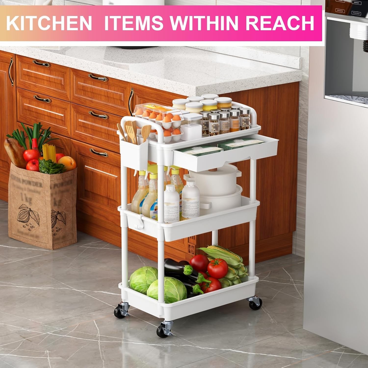 Maximize Storage: 3-Tier Rolling Organizer Cart with Dustproof Drawer & Wheels