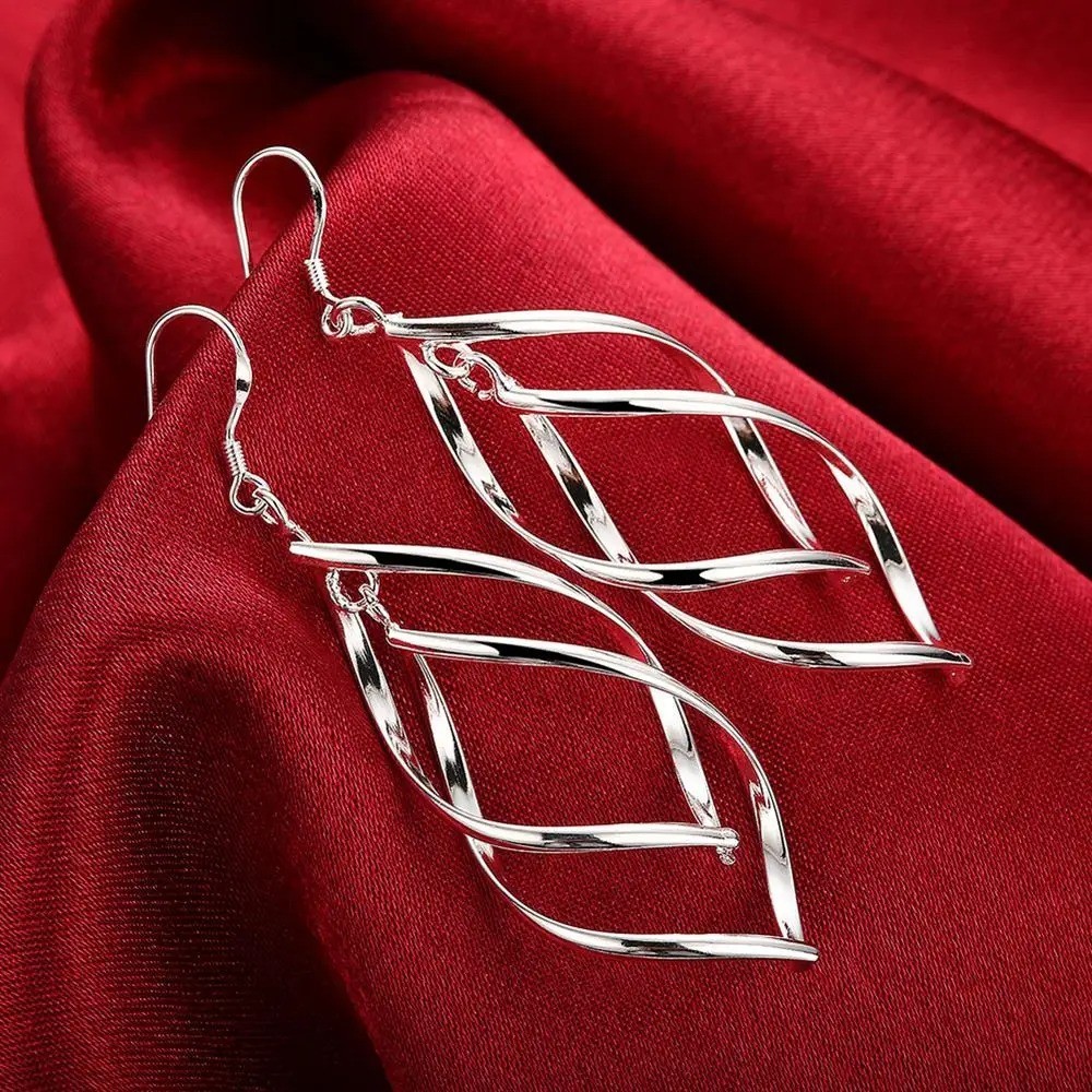 Womens 925 Sterling Solid Silver Twist Spiral Long Drop Dangle Charm Earrings
