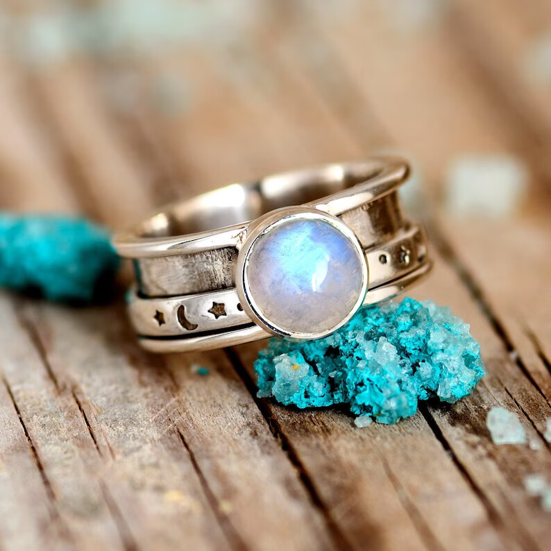 Handmade Rainbow Moonstone Spinner Ring 925 Sterling Silver Ring All Size SR417