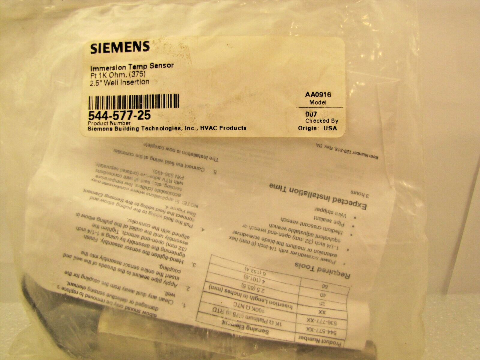SIEMENS 544-577-25 / AA0916 IMMERSION WELL TEMP. SENSOR 2.5" WELL INSERTION #375