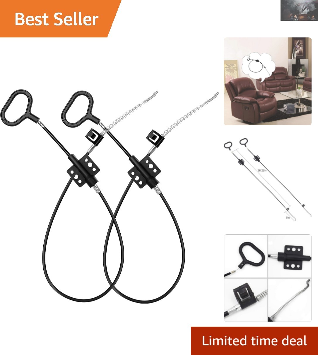 Sofa Recliner Cables 2 Pack -  Quality D Ring Pull Handles for Longevity