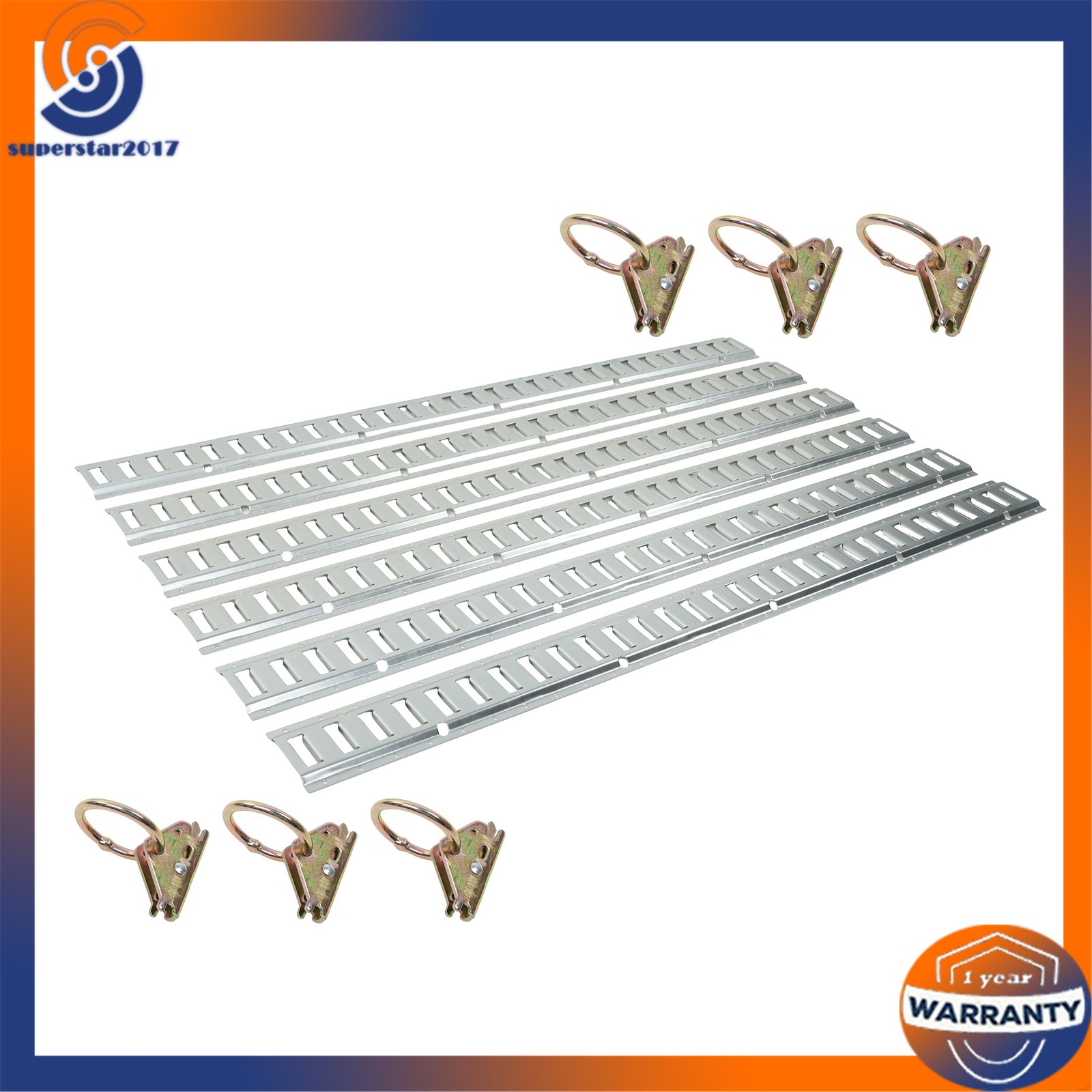 12PCS E-Track Tie-Down Rail Kit 6x 5ft Silver Galvanized Rails 6 O-Ring Anchors