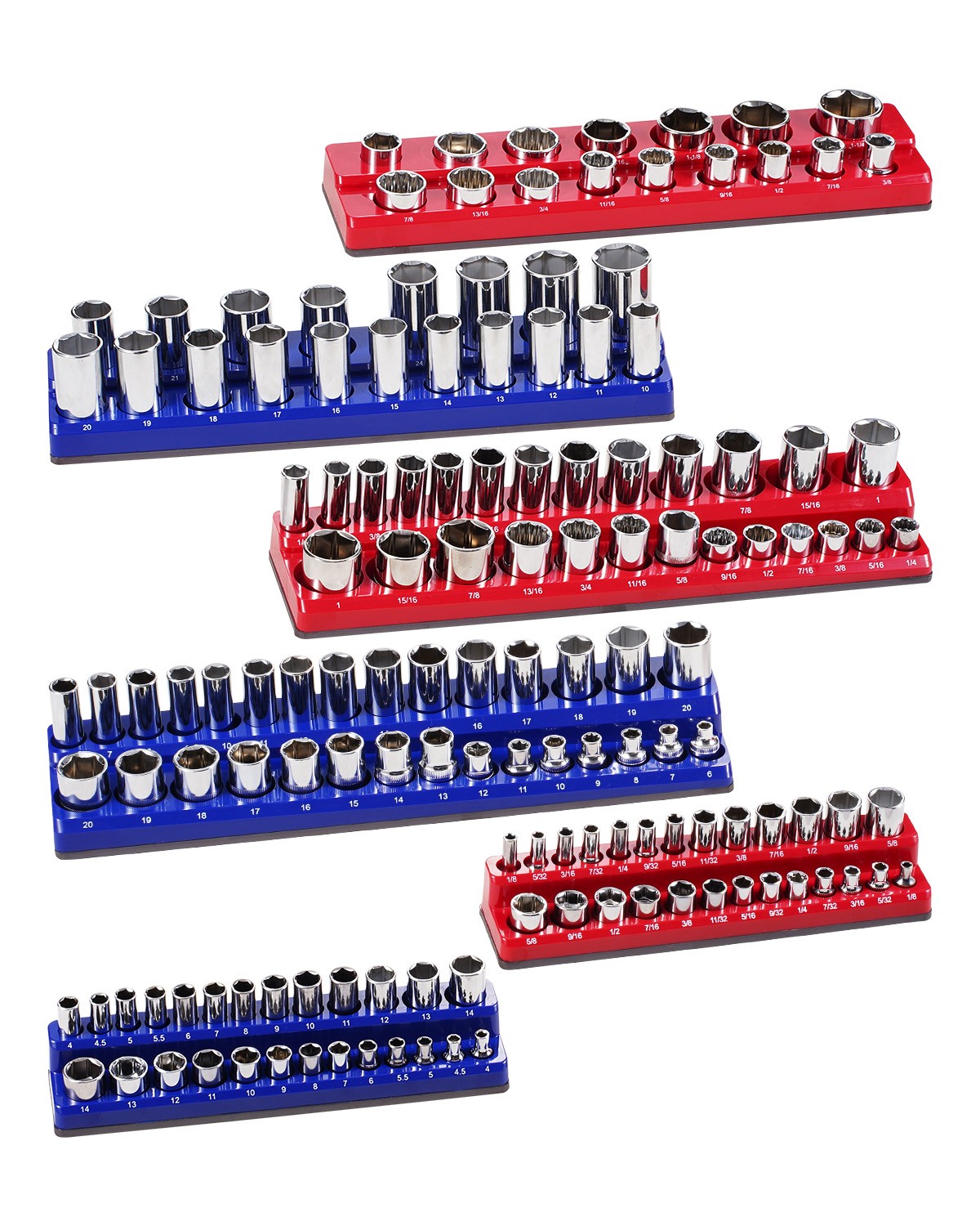 Uimoso Magnetic Socket Organizer Set 6PCS Socket Trays Blue & Red for Metric SAE