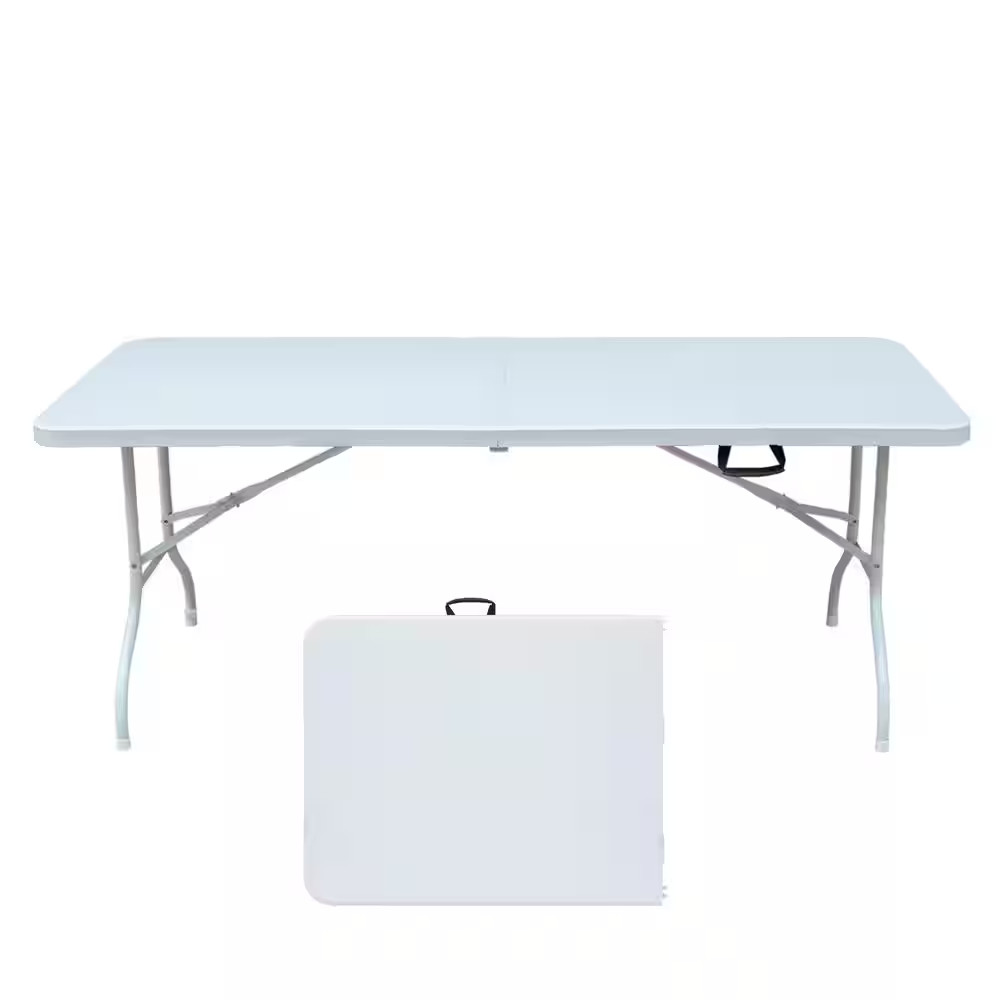 71 In. White Rectangle Stainless Steel Picnic Table 6Ft Folding Table Portabl...