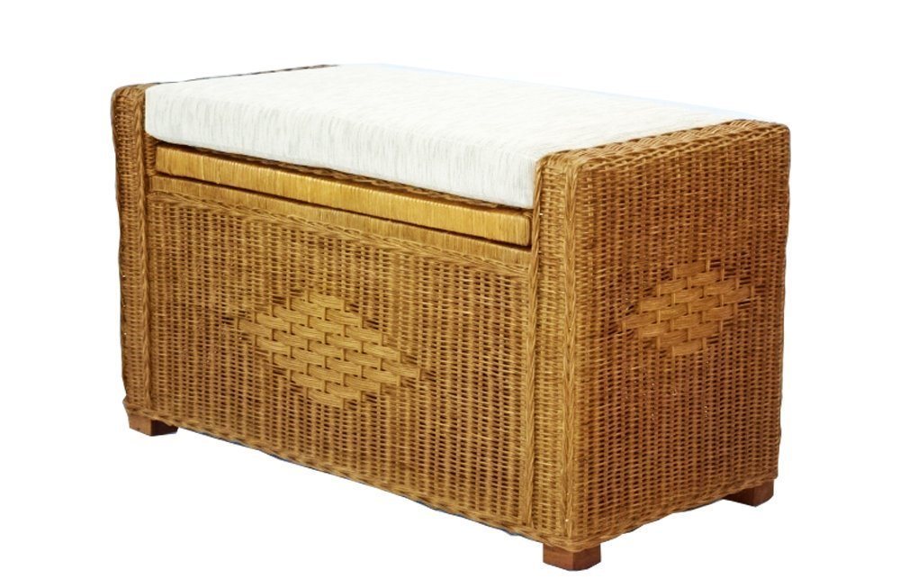 Handmade Rectangular Chest Ottoman Bruno Rattan Wicker w/ Cushion 32", Cognac