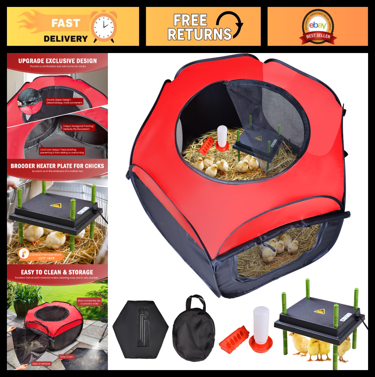 Chicken Brooder Box Kit - 10x12" Heating Plate, Feeder & Waterer - 4-in-1 Starte
