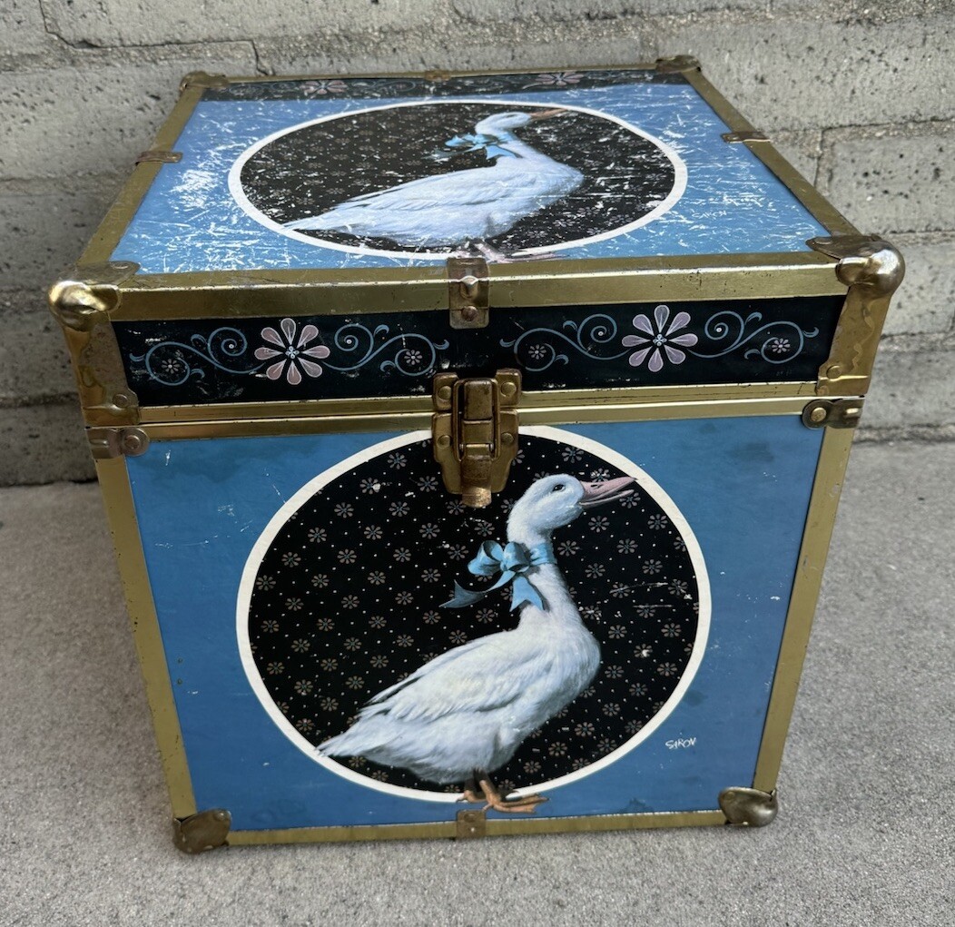 Vintage 1980s Decoupage Country Puddle Duck Book Storage Trunk Blue SARON Wood