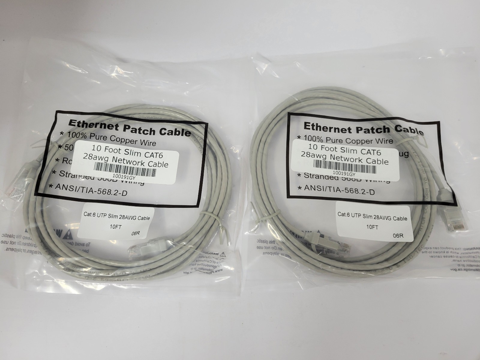(2) 10 Ft CAT6 UTP Slim RJ45 Network LAN Ethernet Copper Wire Patch Cable-Gray