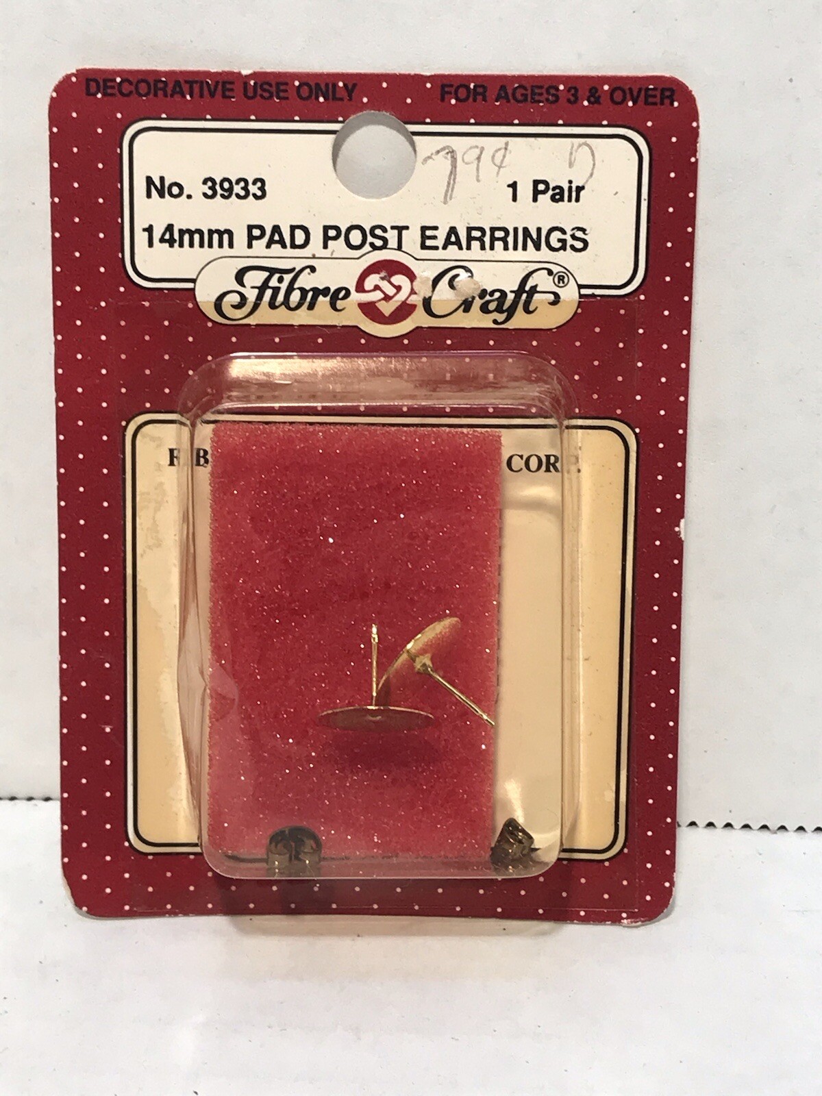 1 pkg. NOS Fibre Craft 14mm Pad Post Earring No. 3933