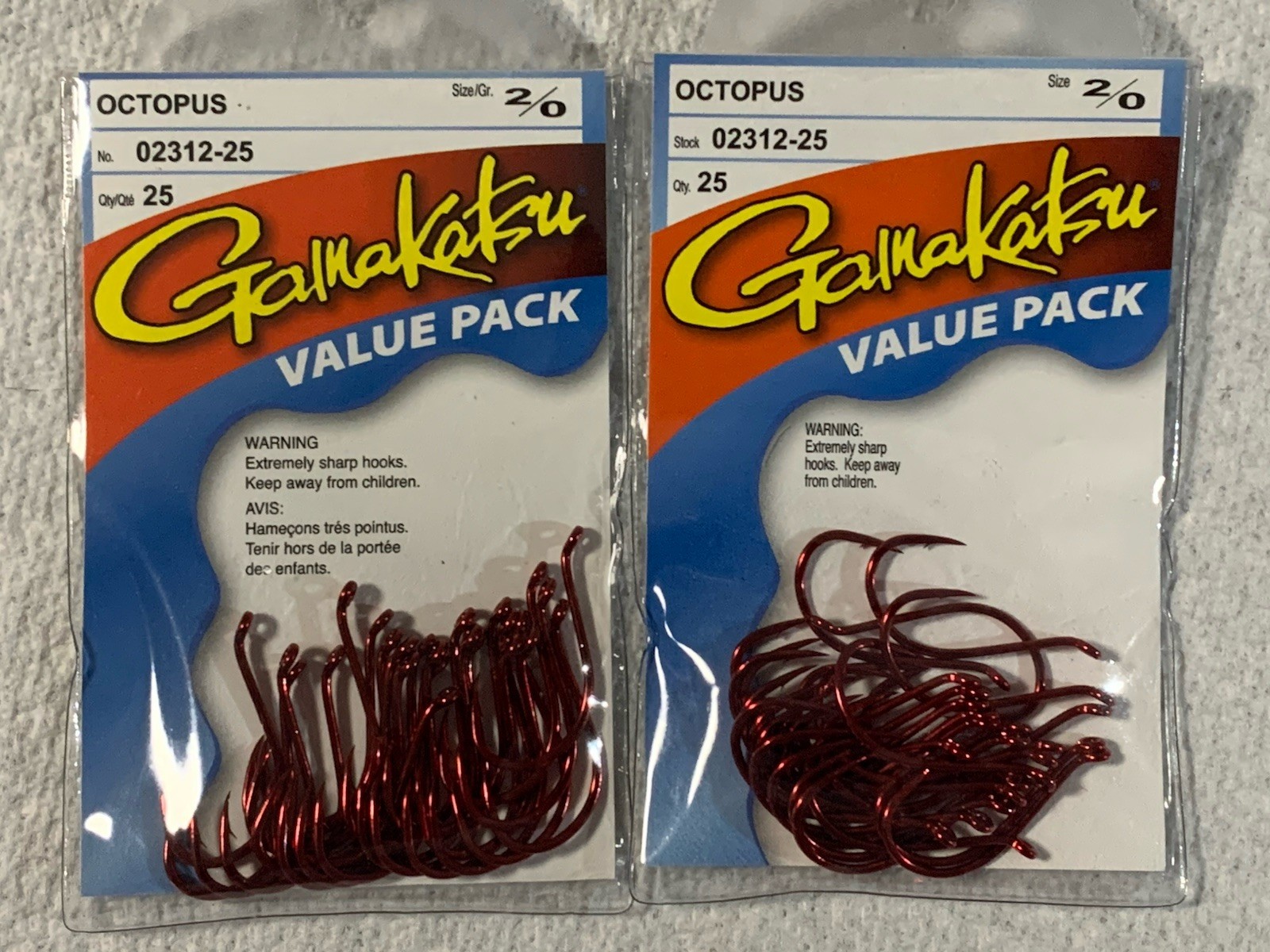 (LOT OF 2) GAMAKATSU OCTOPUS HOOKS 2/0 RED VALUE PACKS.  25 PER PACK 50 TOTAL