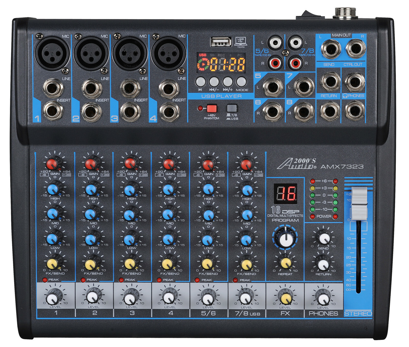 Audio2000s AMX7323 8-Ch.Audio Mixer w/USB Interface,Sound Effects& Bluetooth-MR
