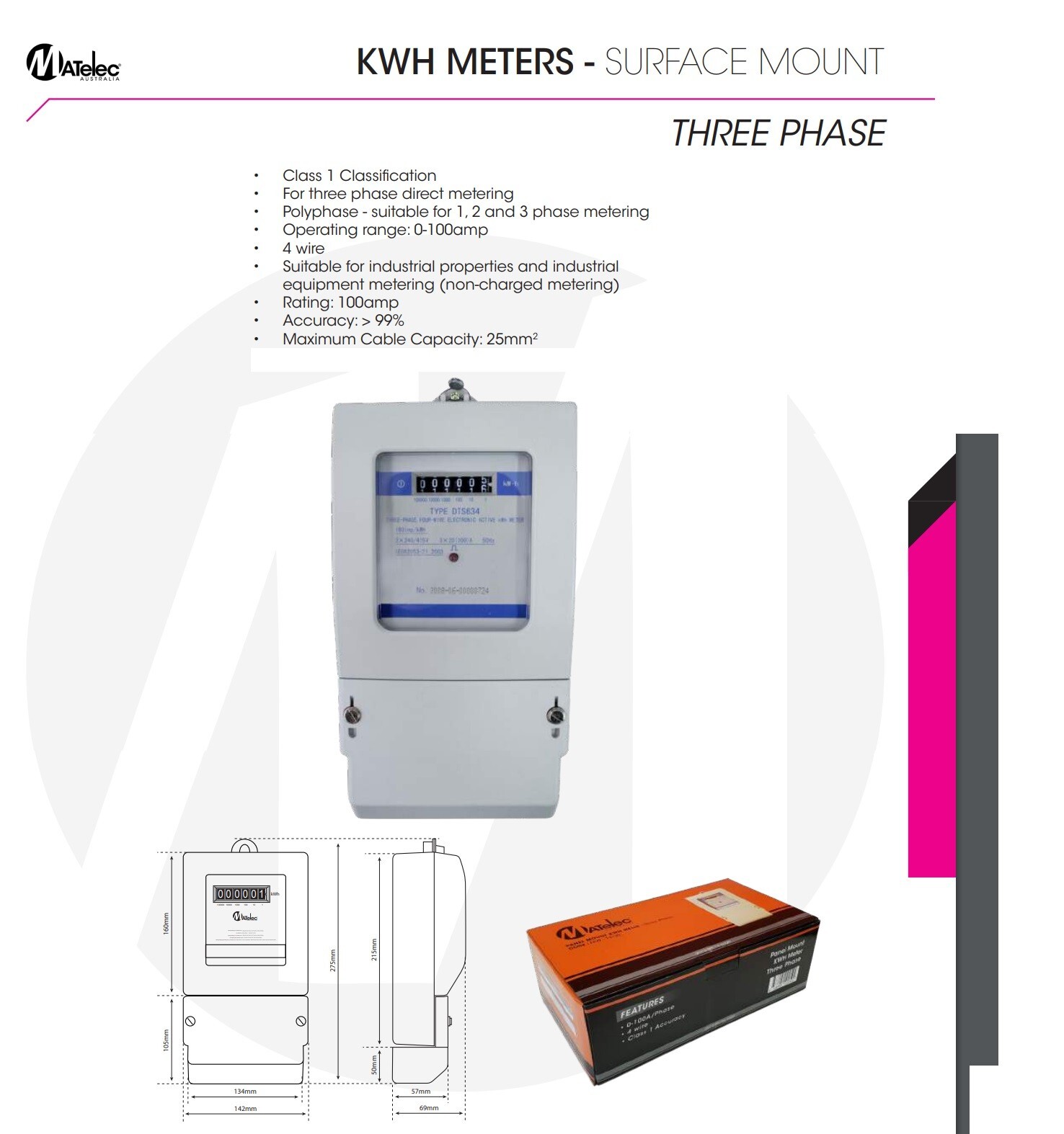 Matelec FKW-14120 3 Phase 100Amp KW Hour Meter Panel Mount