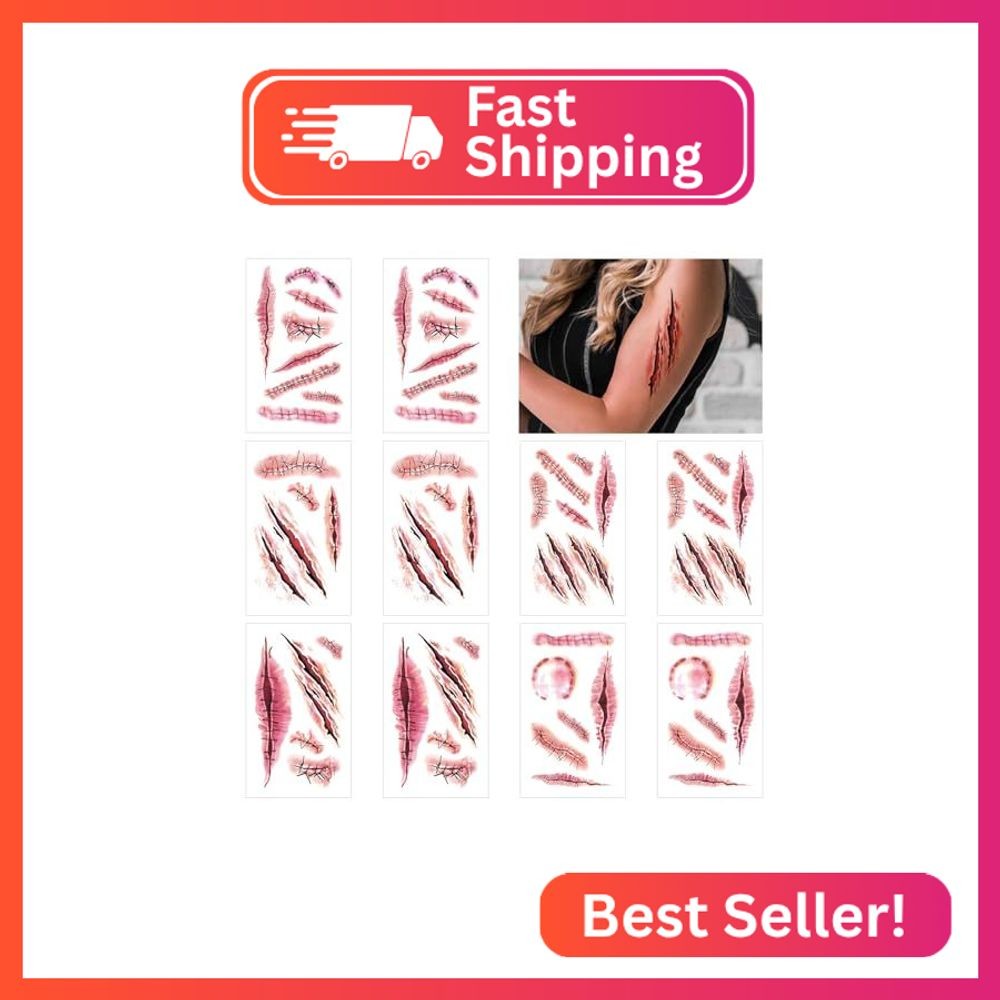 10 Sheets Halloween Zombie Scar Temporary Tattoos, Fake Bloody Wound Stitch Scab