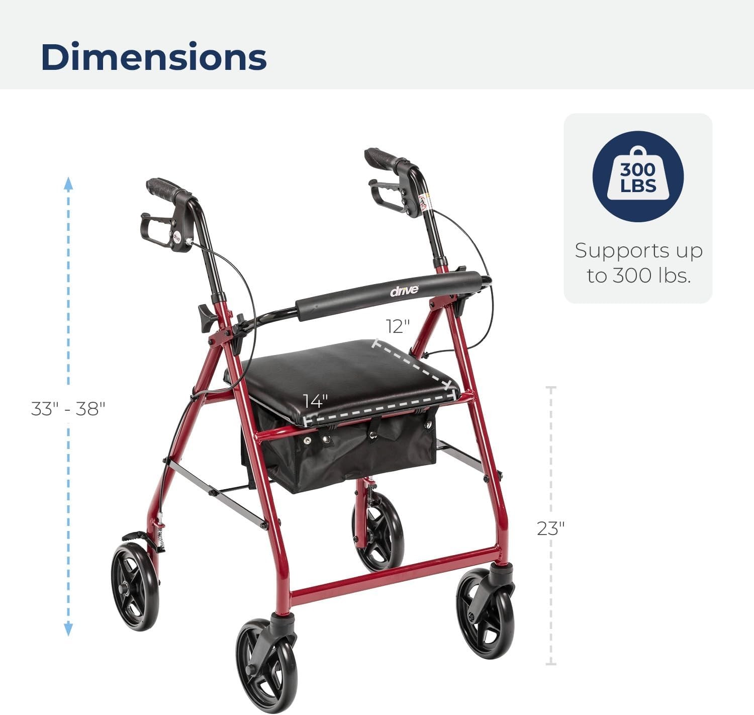 Aluminum Rollator Fold Up & Removable Back Support Padded Seat