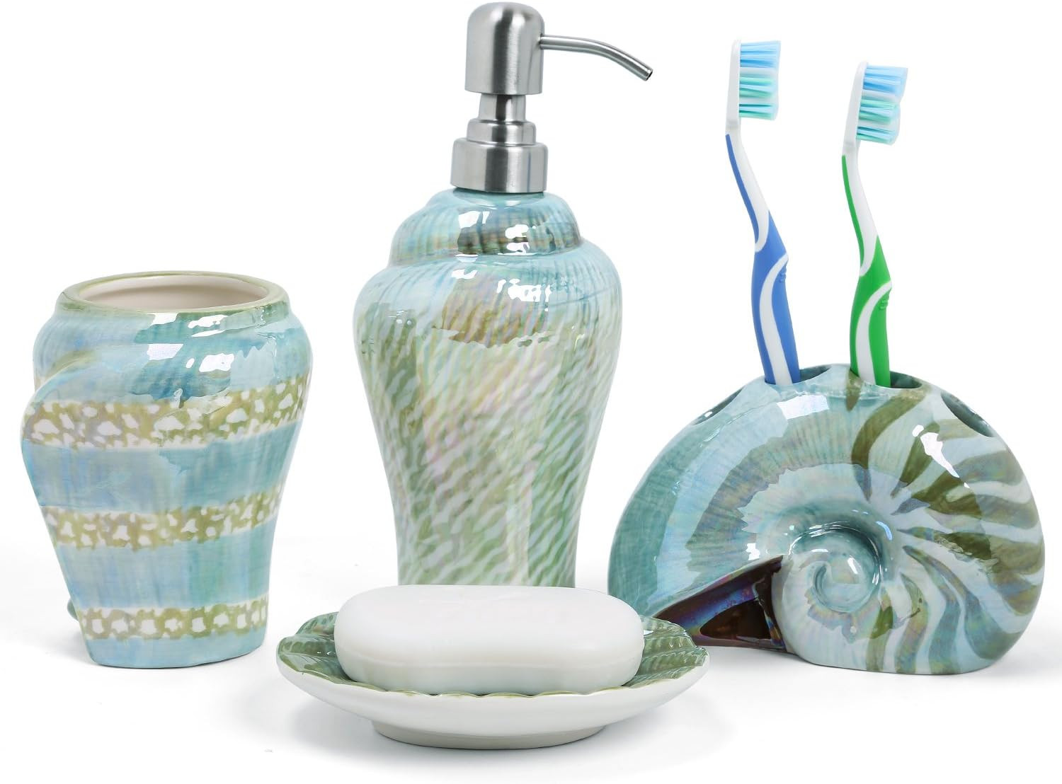 Ocean Conch Sea Shell Ceramic Bathroom Accessories Set of 4,1 Gargle Cups 1 Toot